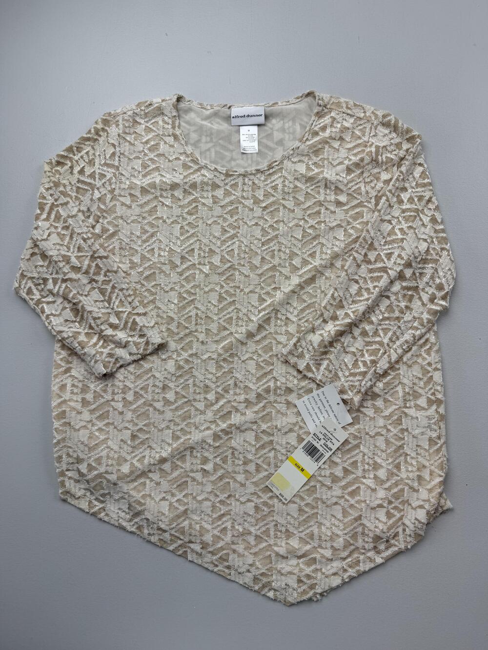 Alfred Dunner Blouse Womens M Beige Scoop Neck 3/4 Sleeve Geometric Tunic Top
